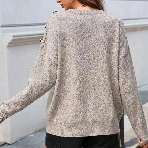 Khaki Casual Women's Loose Fit Crew Neck Floral Pocket Pullover - Picture 2 of 4